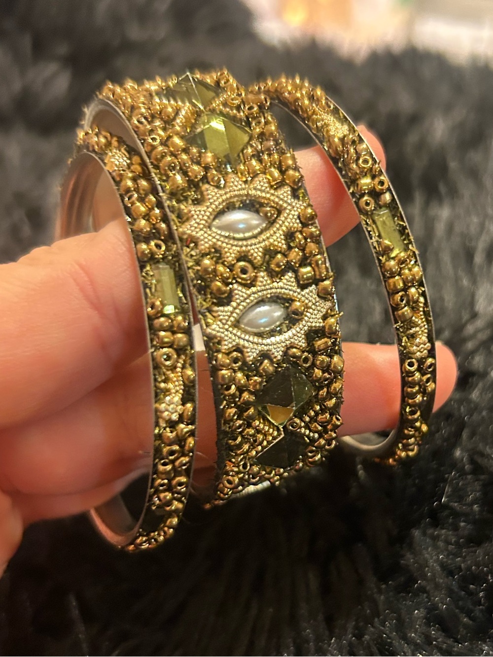 Antique Gold Tone Beaded Cuff Bracelet Set Petite Small Fit Green Crystal Pearl